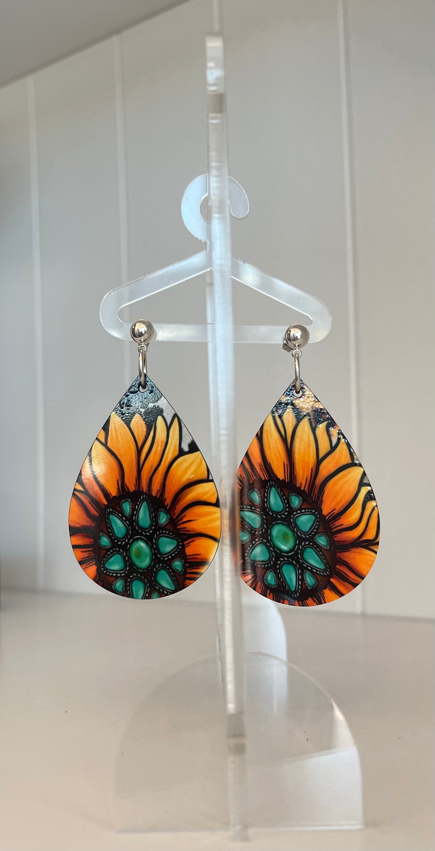 Sunflower Teal Jewel Teardrop Earrings